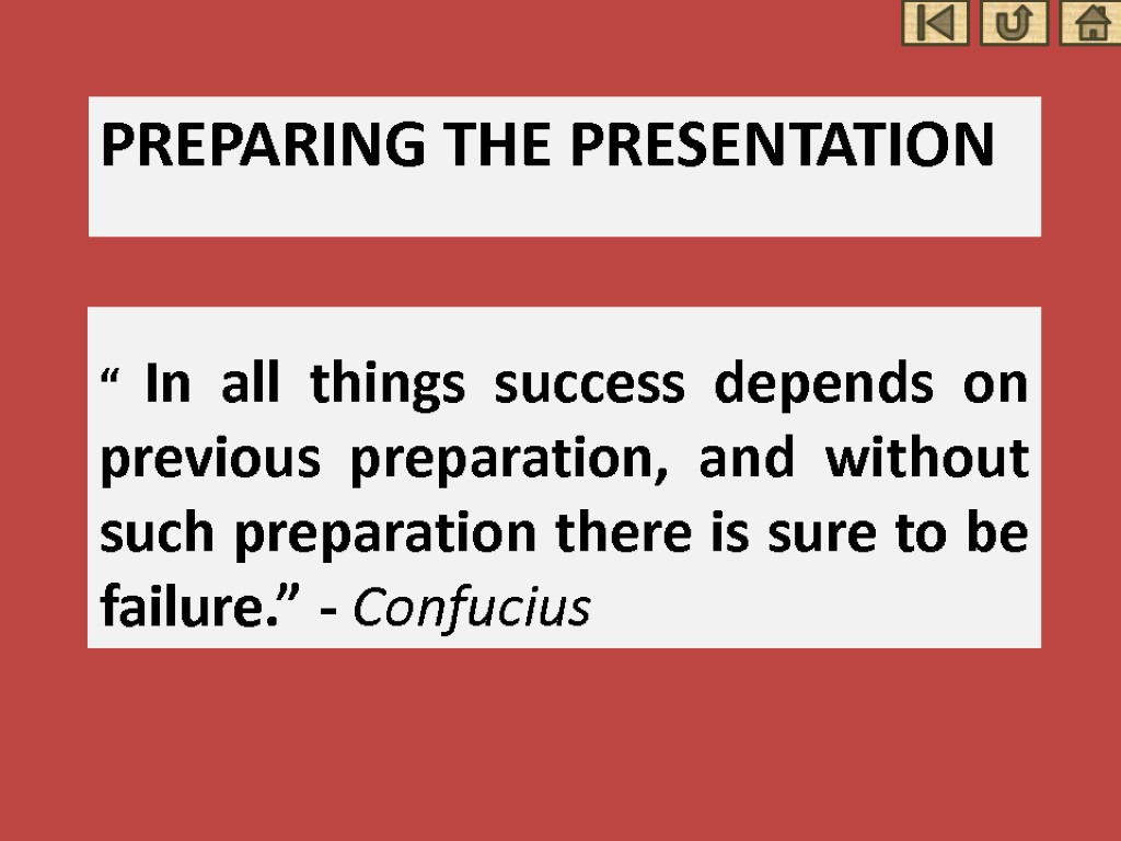 Preparing the presentation “ In all things success depends on previous preparation, and without